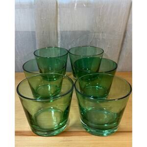 Set of 6 Libbey Style Green Glass Tumblers Heavy Base Rocks Glasses